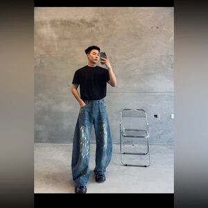Baggy Wide-Leg Denim Pants – Artistic Paint-Splatter, Grunge‎ Street Style